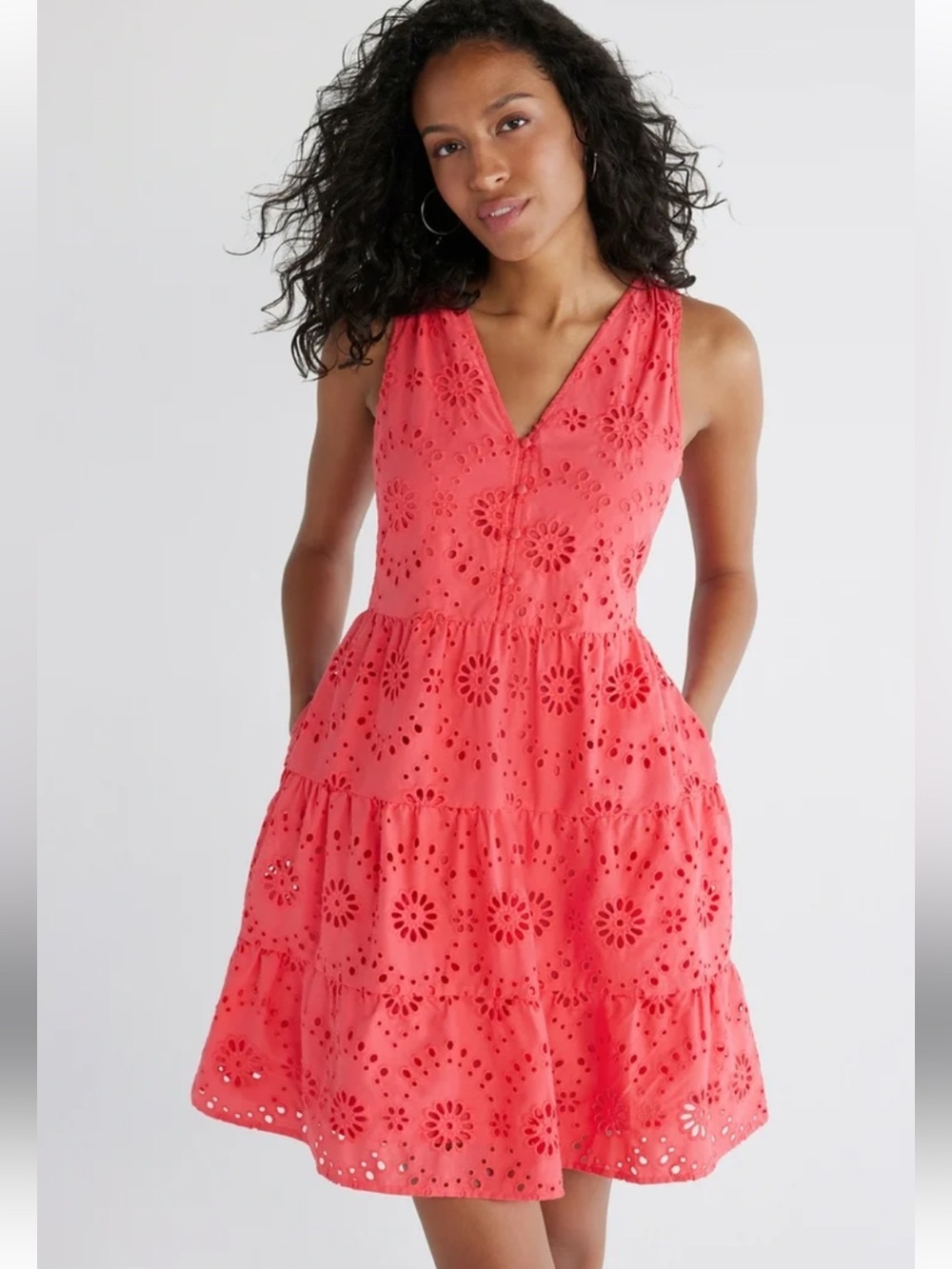 NWT Time and Tru Boho Coral Eyelet V-Neck Tiered Mini Dress Side Pockets Size XL